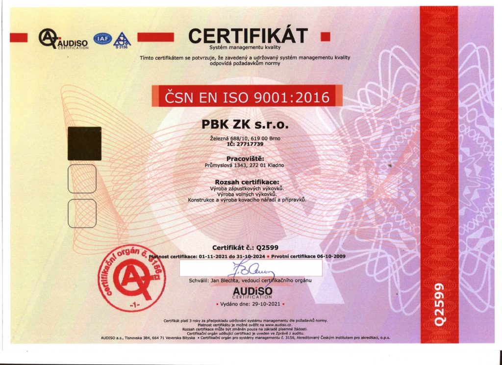 Certifikát ISO 9001 CZ 2021-2024